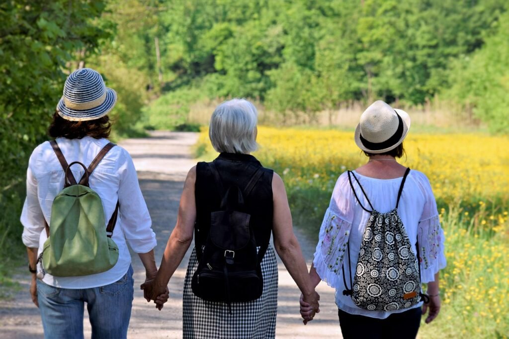women, happy mothers day, girlfriends, nature, walk, friendship, together, hike, cohesion, help, affection, generations, mother, pleasure, trust, path, future, old, menopause, connectedness, life, excursion, recreation, time out